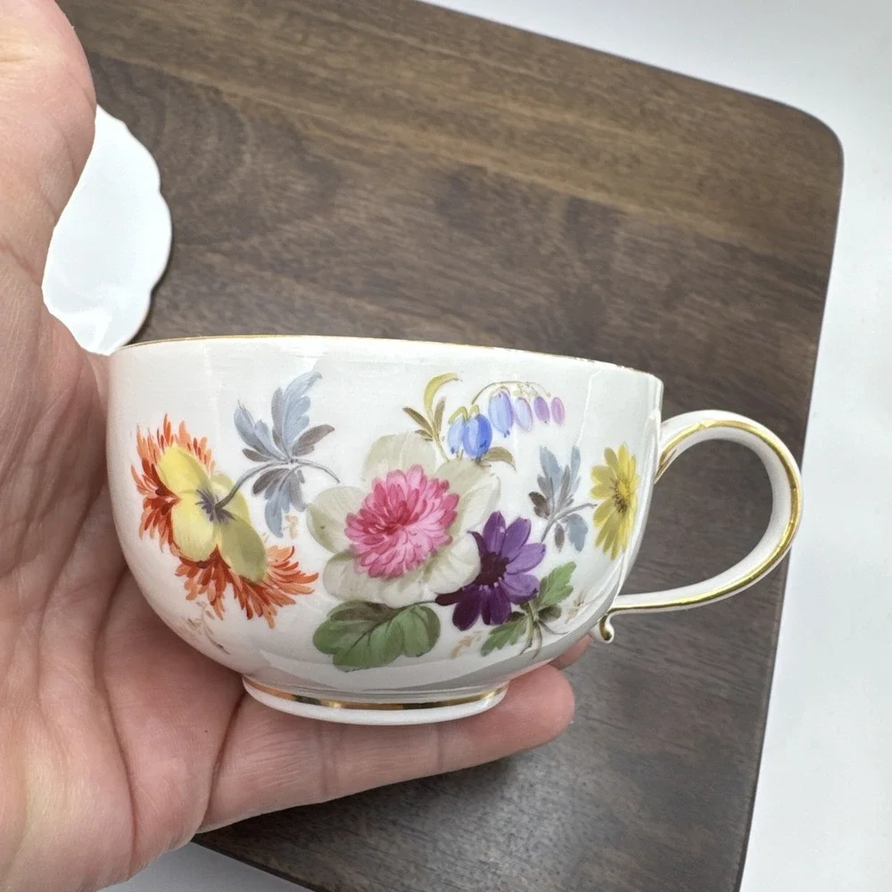 Meissen Flat Cup & Saucer Set Chinoiserie X Mark Crossed Swords Floral AS IS # 2
